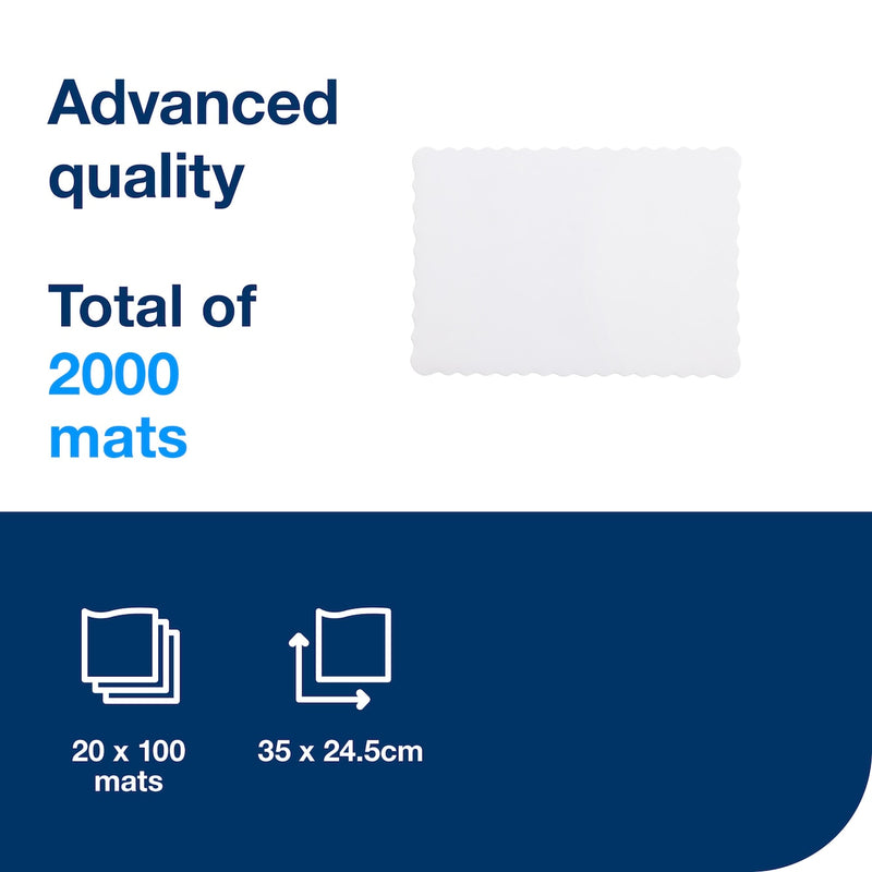 Tork information panel reading Advanced quality, total of 2000 mats, with a plain white scalloped placemat and icons for 20 x 100 mats and 35 x 24.5 cm