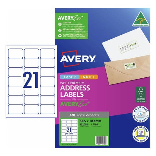 AveryEco Quick Peel Address Labels with Sure Feed L7160 420 Pack 63.5 x 38.1mm Laser White 21UP