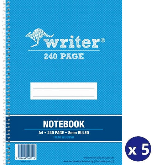 Writer A4 Note Book 240 Page 8mm Ruled Side Spiral Pack of 5