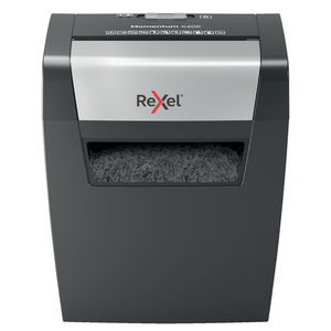 Rexel Momentum X406 shredder, front view with the silver head on a black bin