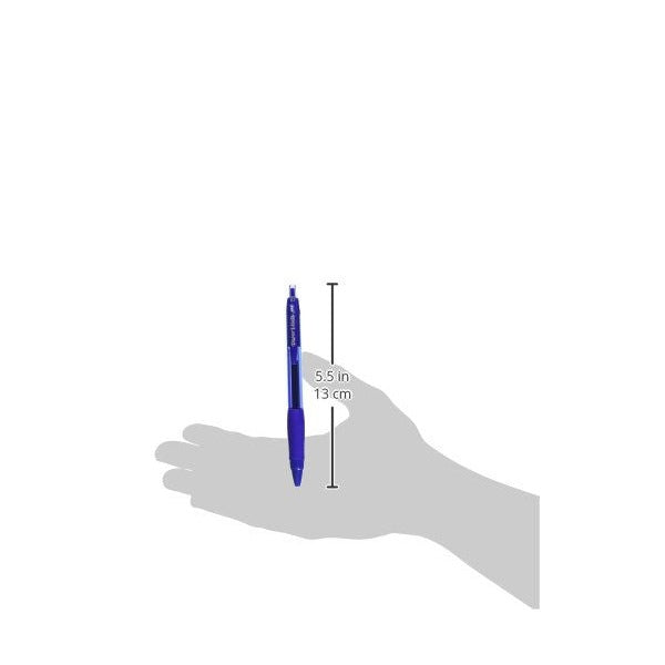 Size guide showing a blue Paper Mate retractable pen held in a hand