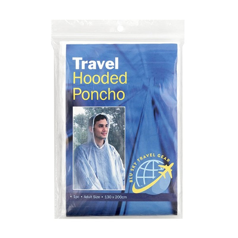 Blu Sky Travel Gear Travel Hooded Poncho in a clear bag, blue card showing a man in a clear hooded poncho, printed 1pc, Adult Size and 130 x 200cm.