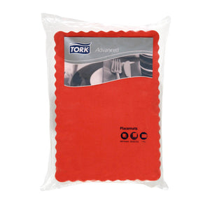 Clear pack of red scalloped edge Tork Advanced placemats with the printed Tork header card showing a table setting