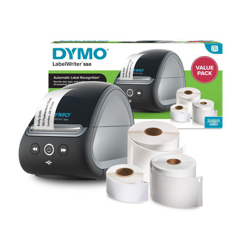 Dymo LabelWriter 550 desktop label printer value pack with label rolls included for immediate use