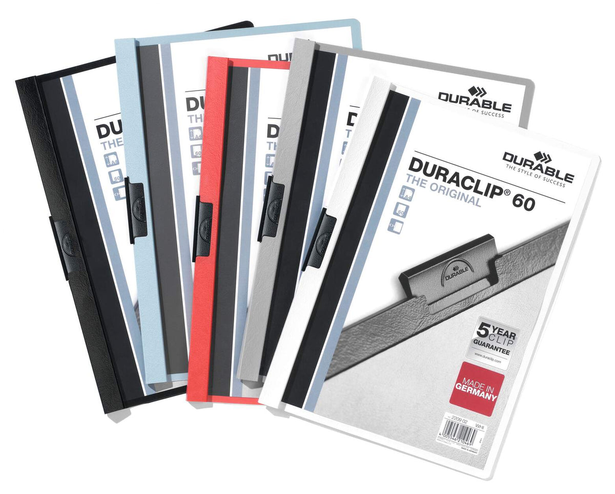Durable Duraclip 60 range fanned out in several colours, white file at the front