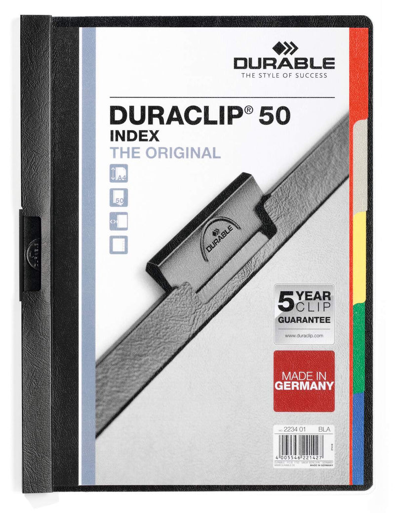 Durable Duraclip Index 50 A4 file in black with a transparent front, a black clip and the 5-part coloured index tabs on the right edge