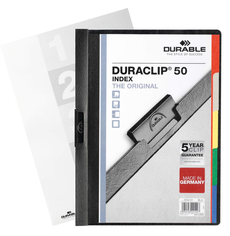 Black Duraclip Index 50 file shown with a sample numbered index sheet behind it