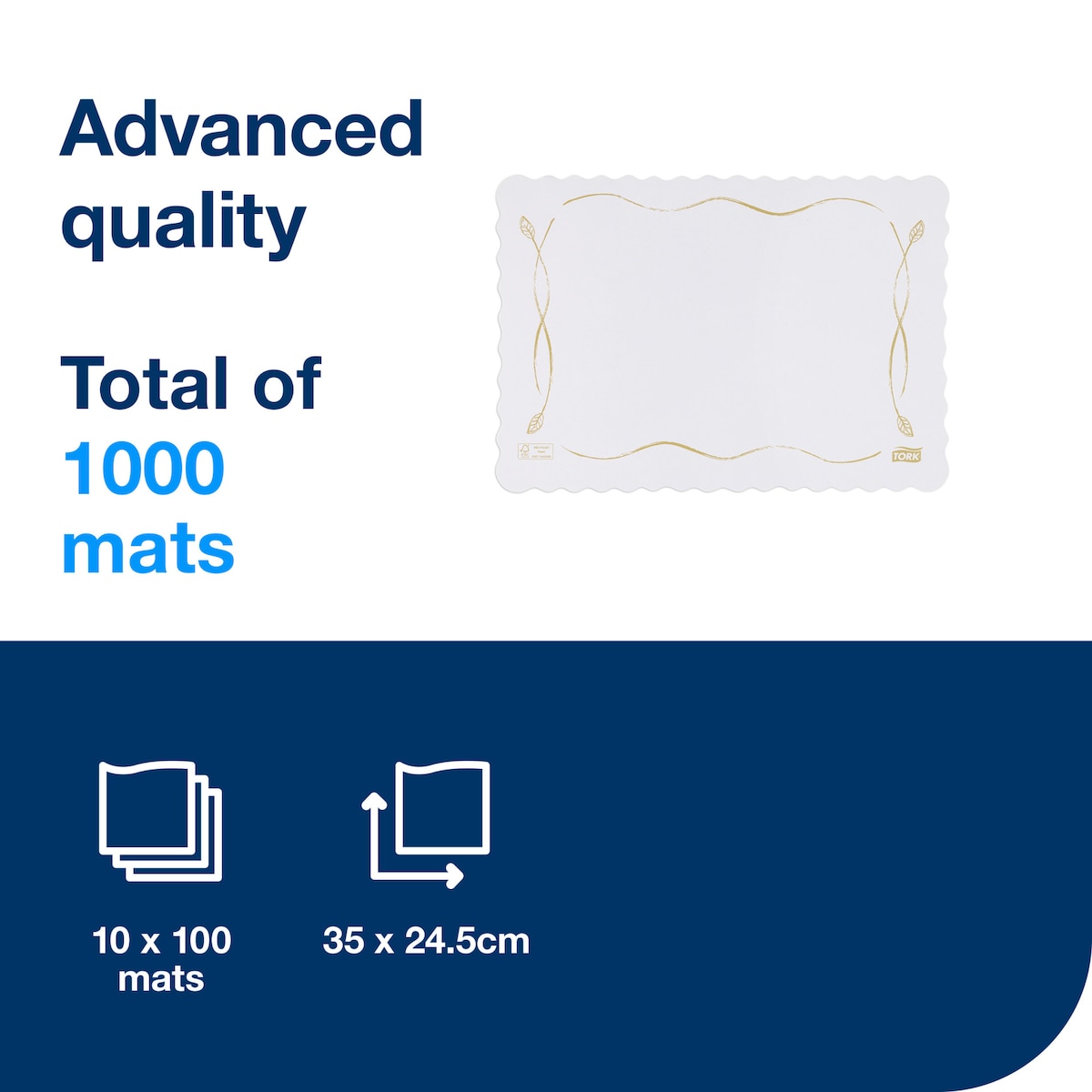 Tork information panel reading Advanced quality, total of 1000 mats, with a white placemat bordered in a gold botanical pattern and icons for 10 x 100 mats and 35 x 24.5 cm