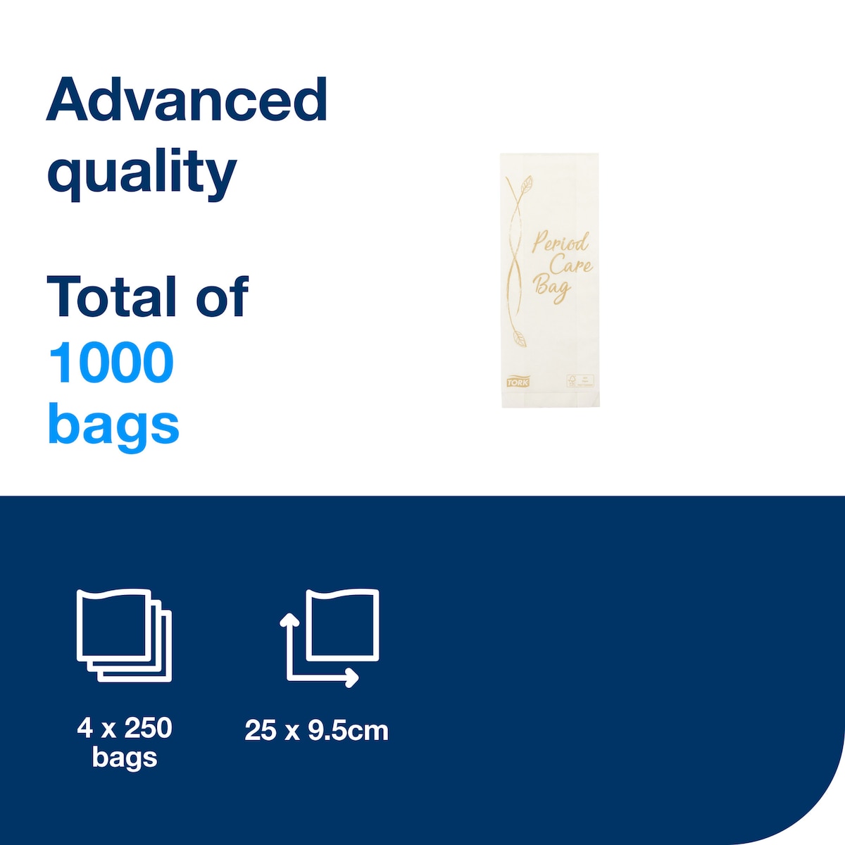 Tork information panel reading Advanced quality, total of 1000 bags, with a cream sanitary bag and icons for 4 x 250 bags and 25 x 9.5 cm