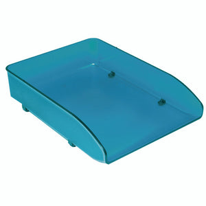 Metro 3461S document tray in translucent blueberry blue, a low tray with a scooped open front and small feet underneath, shown at an angle