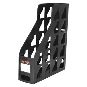 Metro 3462 magazine file in black with lattice cut-out sides, a sloped top and an orange Metro badge marked No. 3462 above a white front panel
