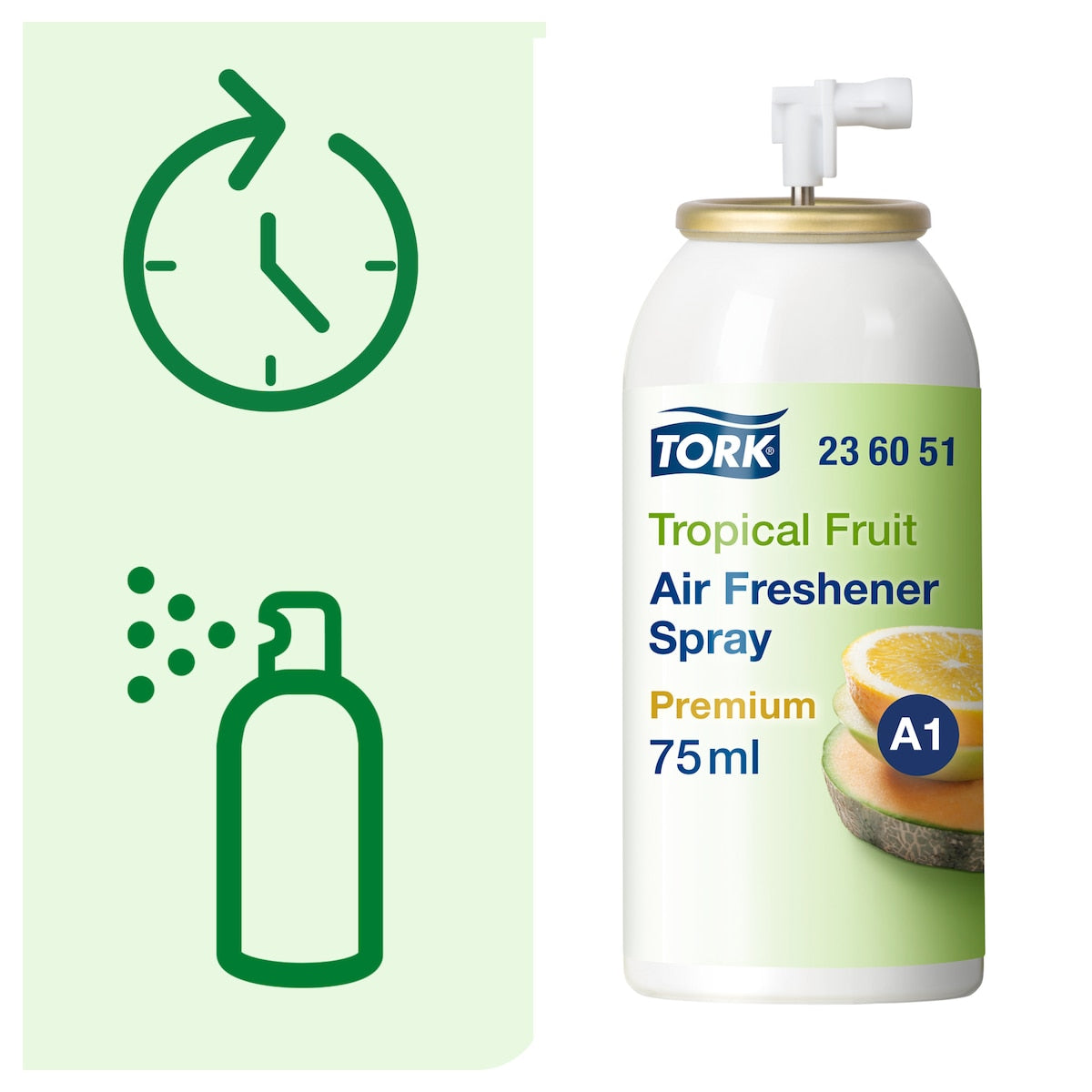 White Tork aerosol can printed Tropical Fruit Air Freshener Spray, Premium, 75 ml, A1 and article 23 60 51, beside a green panel with clock and spray icons