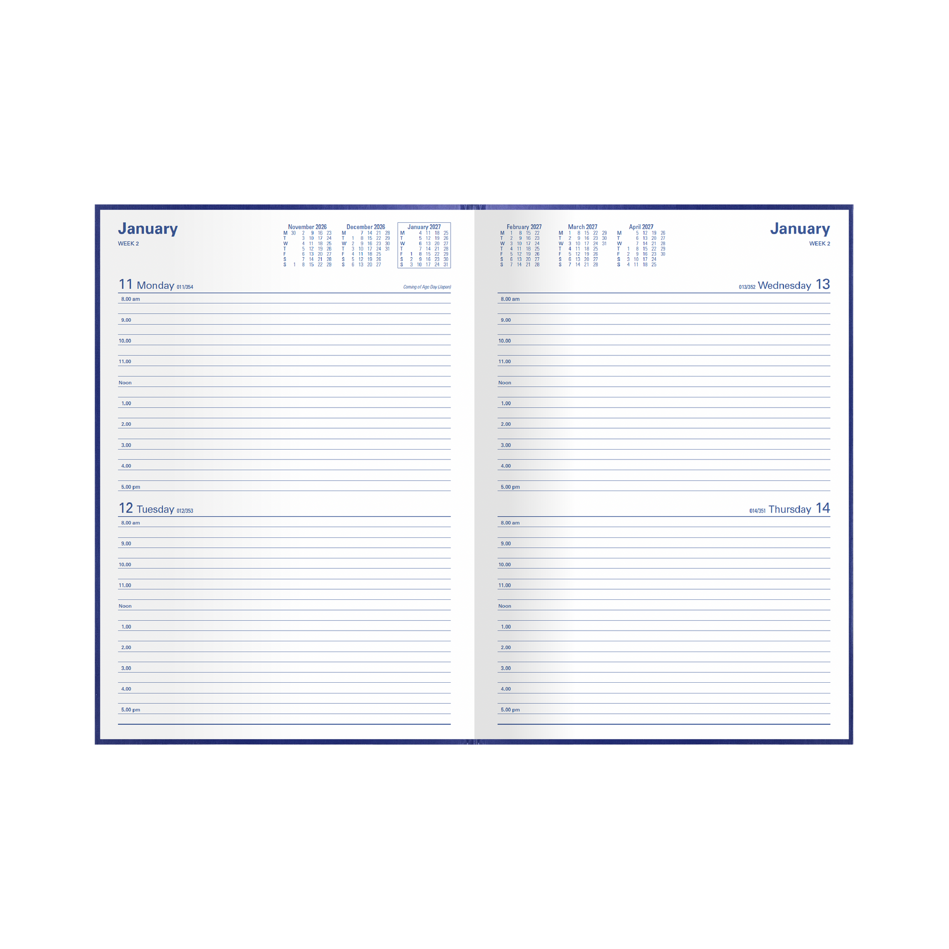 Collins Kingsgrove 2027 A4 diary blue open showing two days to a page layout