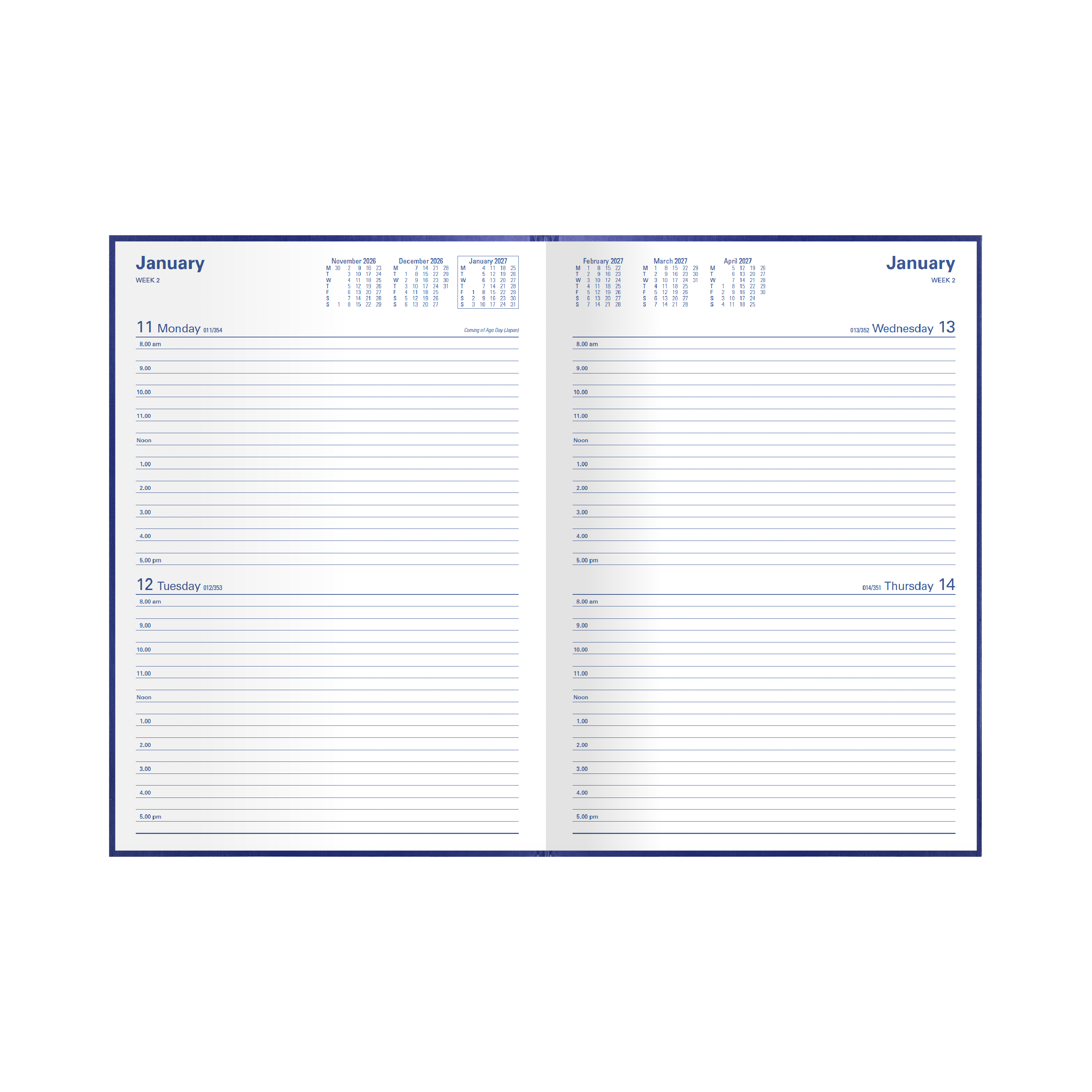 Collins Kingsgrove 2027 A4 diary blue open showing two days to a page layout