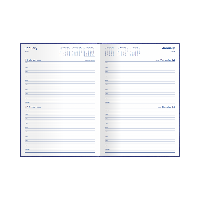 Collins Kingsgrove 2027 A4 diary blue open showing two days to a page layout
