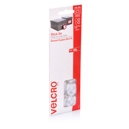 Velcro Brand Stick On Hook and Loop Dots 22mm White Pack of 12
