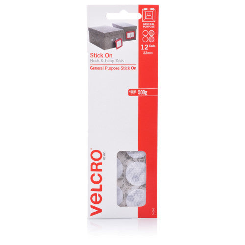 Velcro Brand Stick On Hook and Loop Dots 22mm White Pack of 12