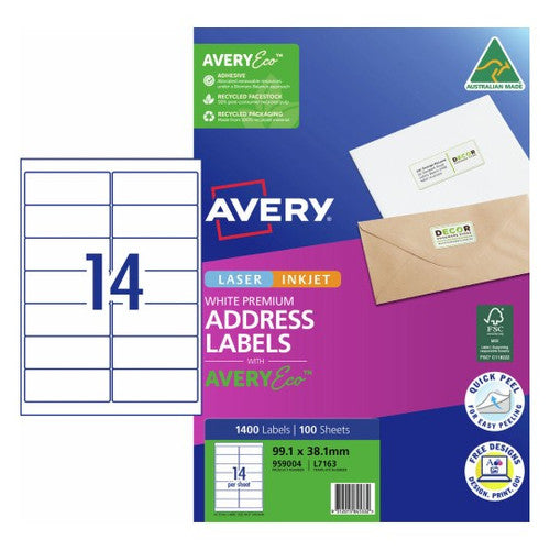AveryEco Quick Peel Address Labels with Sure Feed L7163 1400 Pack 99.1 x 38.1mm Laser White 14UP