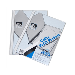 Two Colby 252AP clear A4 refill pockets with multi ring punched spines, shown with the Colby Refill Pockets label to suit 252A display books