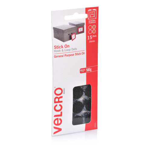 Velcro Brand Stick On Hook and Loop Dots 16mm Black Pack of 15