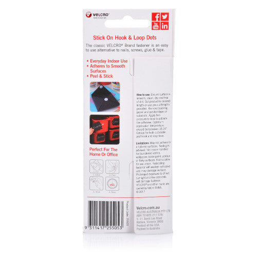 Velcro Brand Stick On Hook and Loop Dots 16mm Black Pack of 15