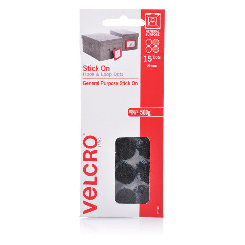 Velcro Brand Stick On Hook and Loop Dots 16mm Black Pack of 15