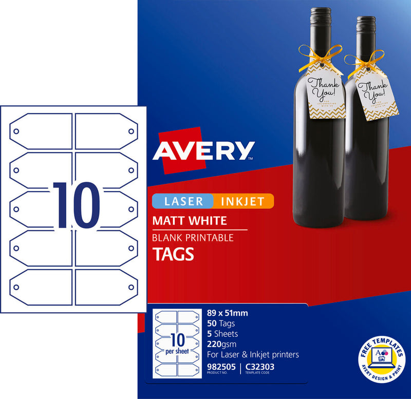 Avery Gift Tags C32303 50 Pack 89 x 51mm 10UP