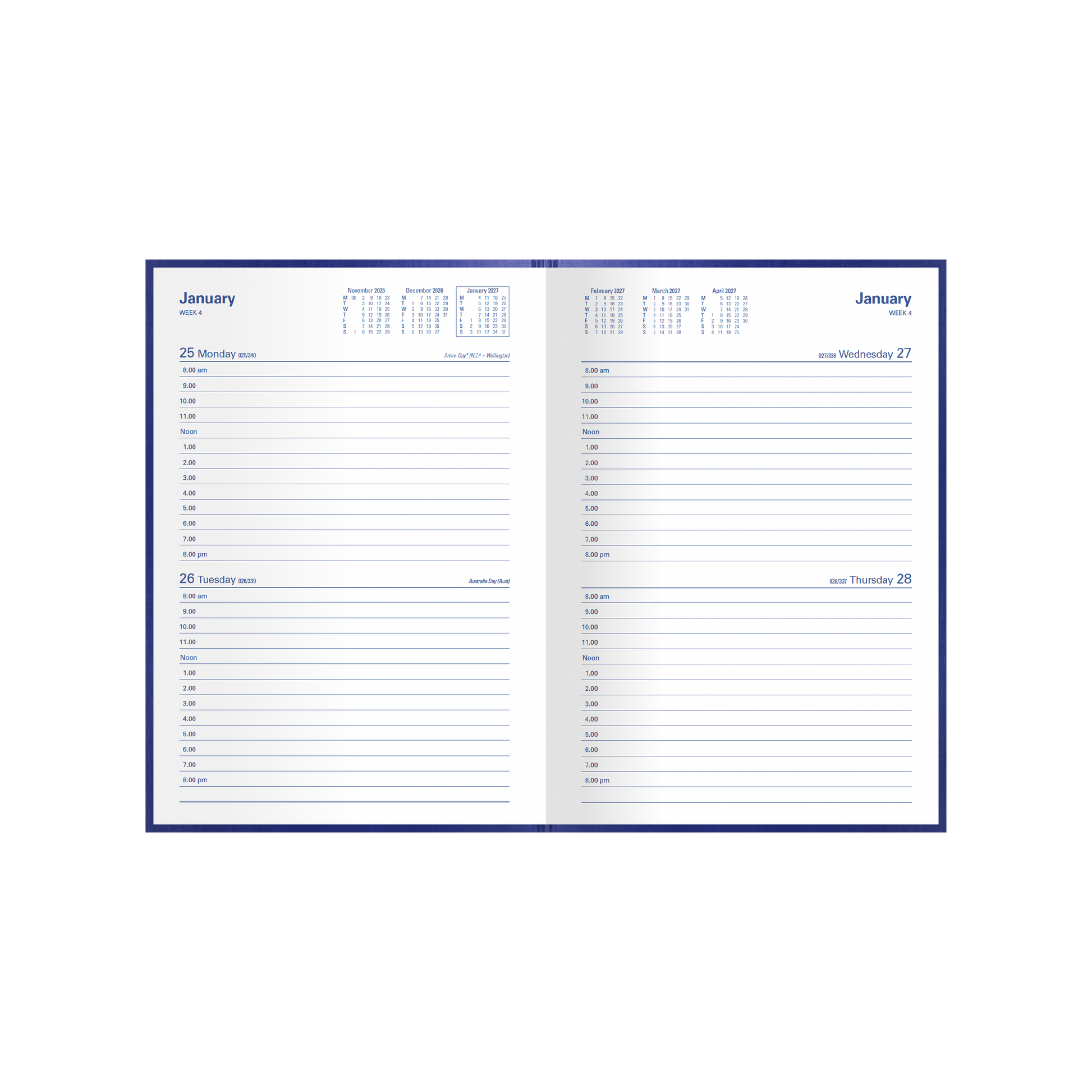 Collins Kingsgrove 2027 A5 diary blue open showing two days to a page layout