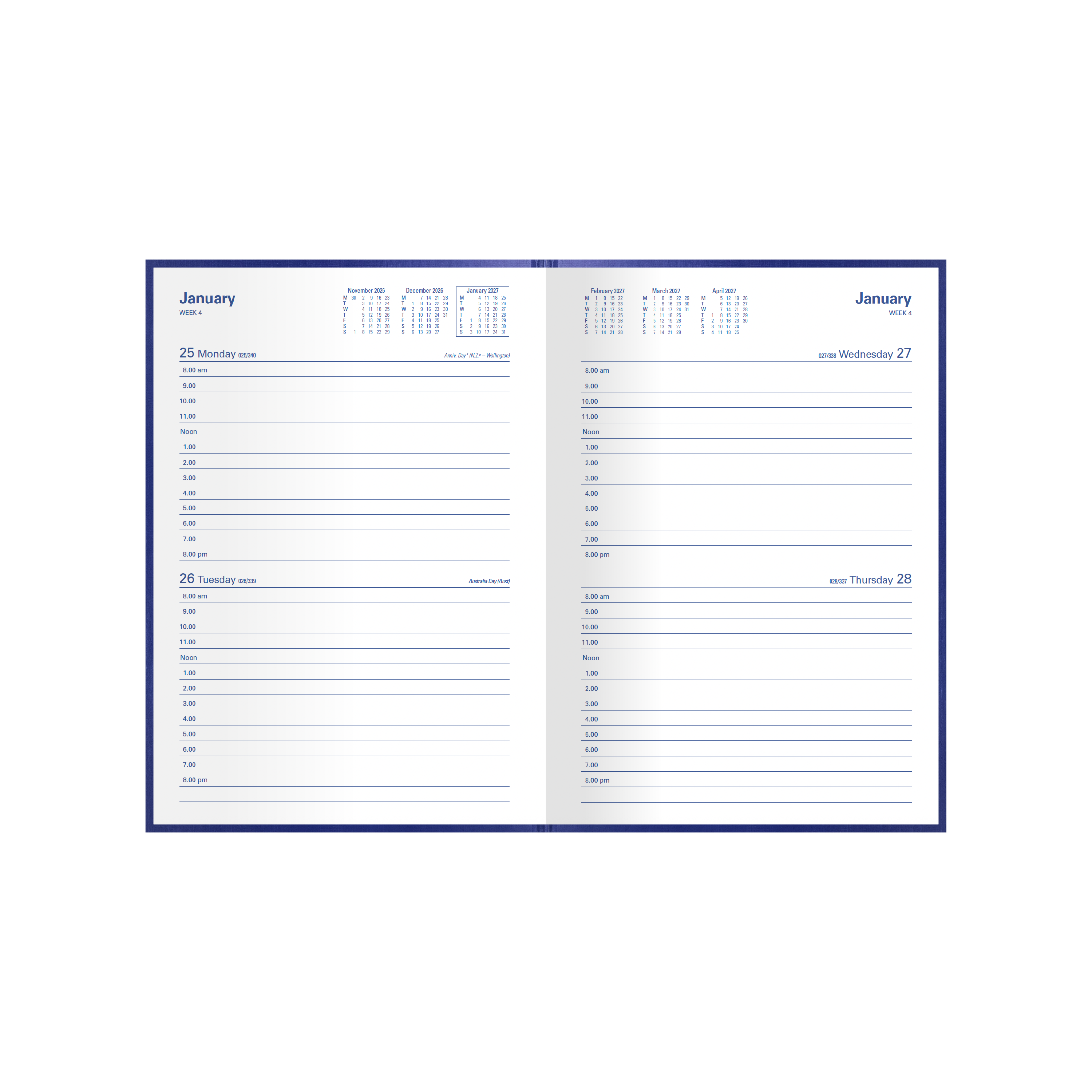 Collins Kingsgrove 2027 A5 diary blue open showing two days to a page layout
