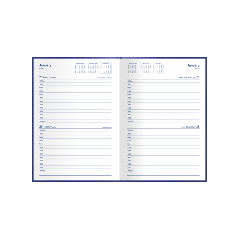 Collins Kingsgrove 2027 A5 diary blue open showing two days to a page layout