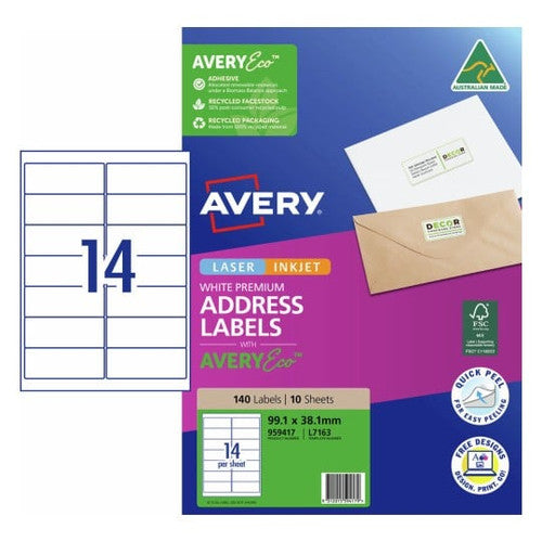 AveryEco Quick Peel Address Labels with Sure Feed L7163 10 Pack 99.1 x 38.1mm Laser Inkjet White