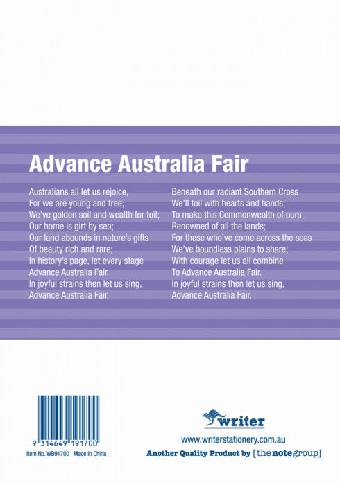 Back cover of a book with 'Advance Australia Fair' poem and 'writer' branding.
