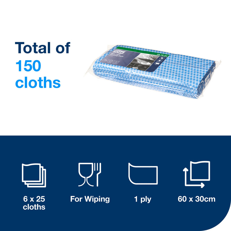 Pack of Tork Blue Light Cleaning Cloths beside the words total of 150 cloths, with icons for 6 x 25 cloths, wiping, 1 ply and 60 x 30 cm