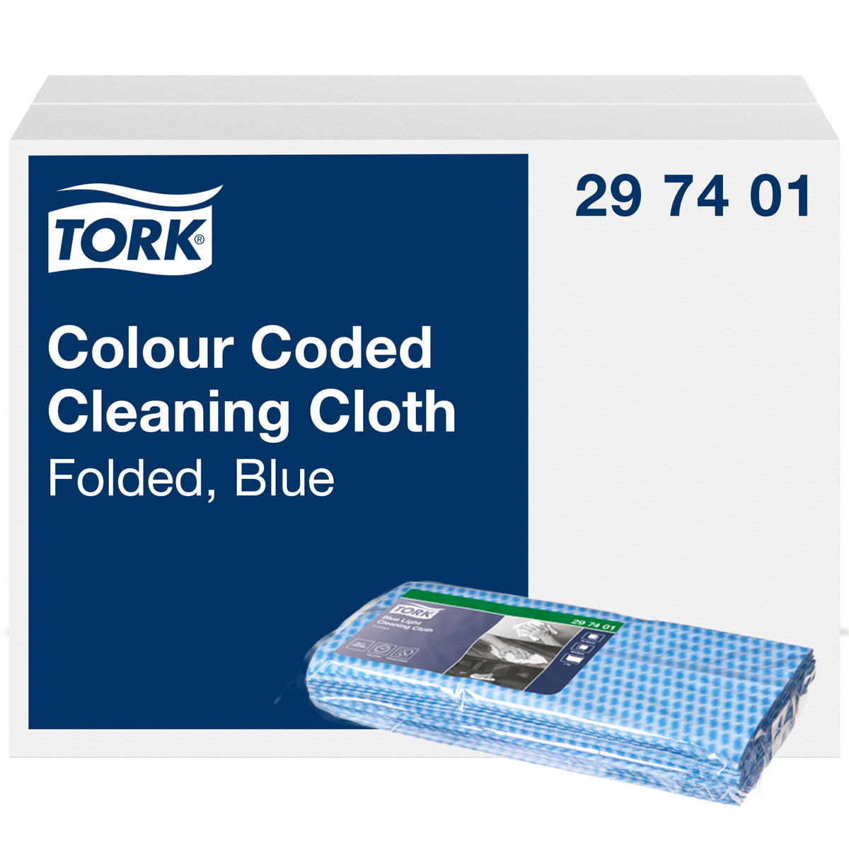 Tork Colour Coded Cleaning Cloth carton marked Folded, Blue and 29 74 01, with a pack of blue Tork Blue Light Cleaning Cloths in front