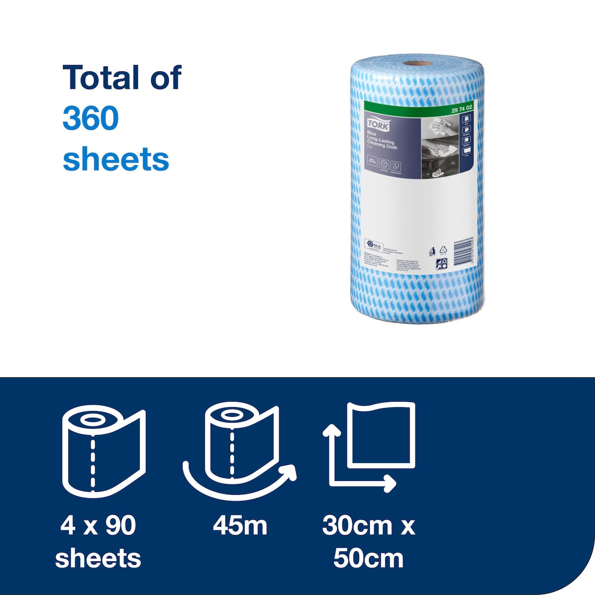 Tork information panel reading total of 360 sheets, with a blue crosshatch cloth roll and icons for 4 x 90 sheets, 45 m and 30 cm x 50 cm