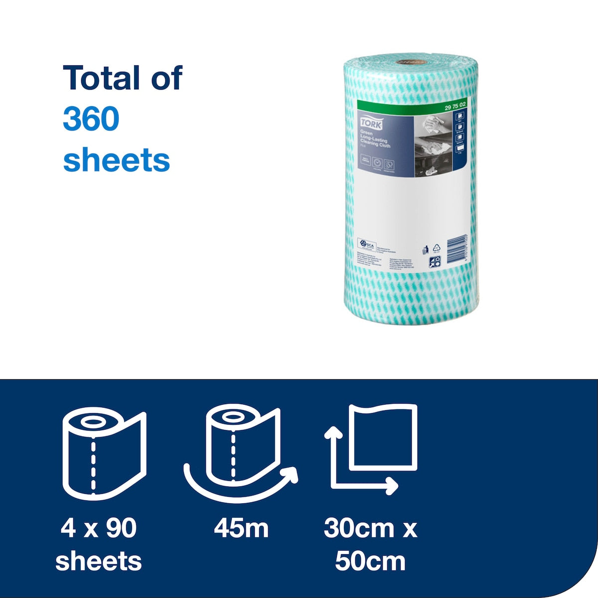 Tork information panel reading total of 360 sheets, with a green crosshatch cloth roll and icons for 4 x 90 sheets, 45 m and 30 cm x 50 cm
