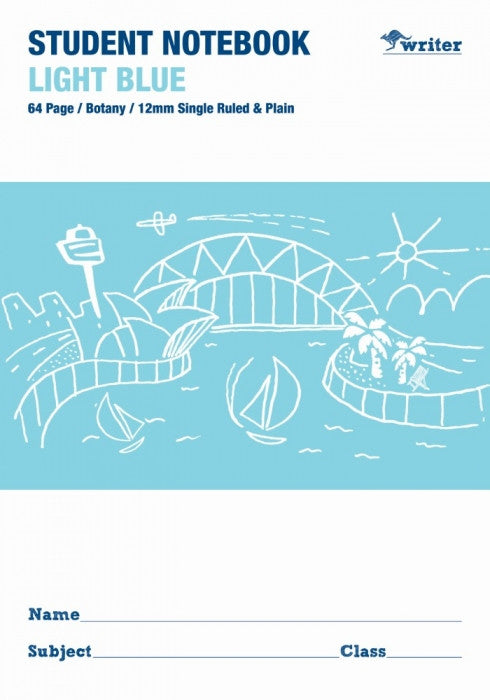 Light blue notebook cover with a bridge and sailboat design, labeled 'Student Notebook Light Blue'.
