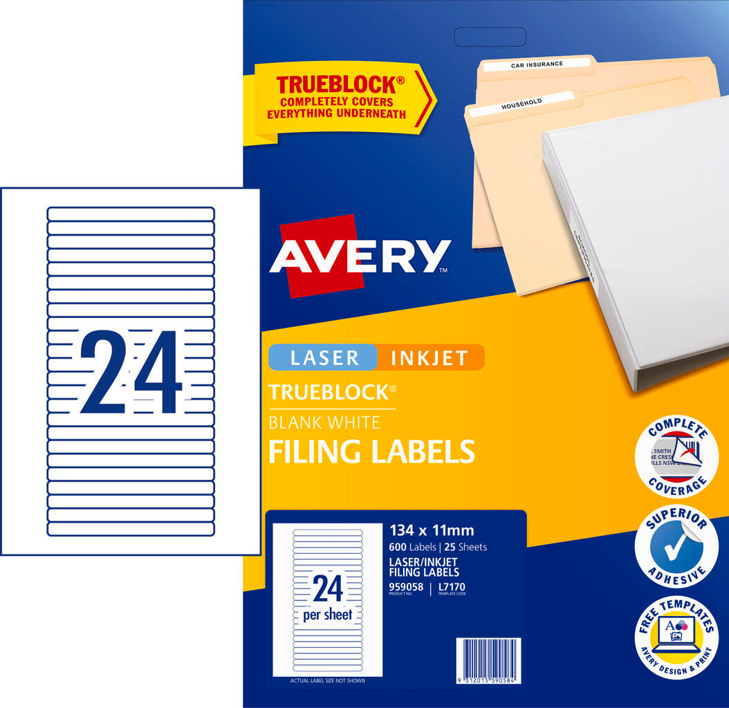 Avery White Filing Labels 134 x 11mm Laser Inkjet Permanent 600 Labels/25 Sheets 24UP