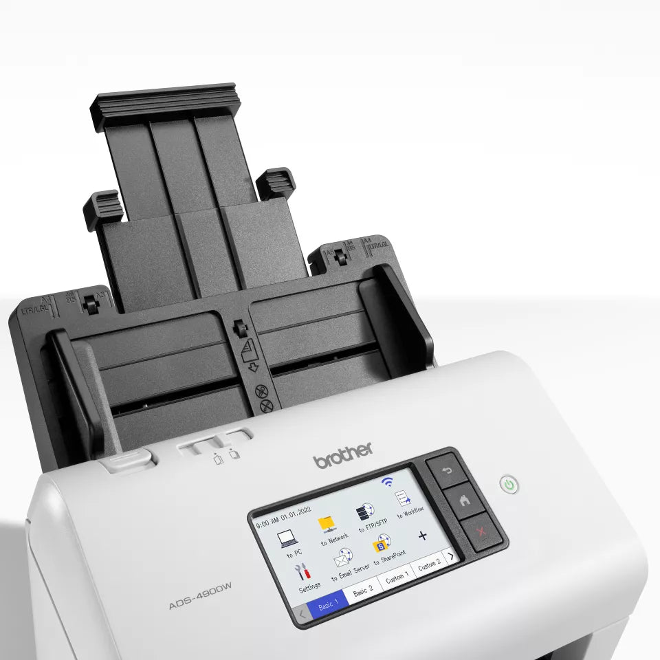 Brother ADS-4900W Professional Desktop Document Scanner with feeder extended, facing right