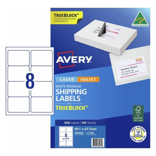 Avery Laser TrueBlock Shipping Parcel Labels L7165 100 Pack 99.1 x 67.7mm 8UP