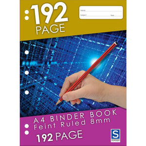 Front cover of the Sovereign A4 Binder Book, Feint Ruled 8mm, 192 Page: gold top band, hand holding a red pencil over a blue digital pattern, magenta lower band, seven punched holes on the left edge and the Sovereign Stationery logo
