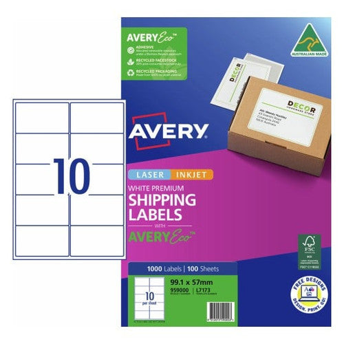 Avery 959000 Premium Shipping Labels With AveryEco L7173 99.1 x 57mm Pack Of 100 10 Up