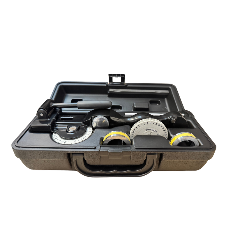 Tool kit with various components in a black case on a white background