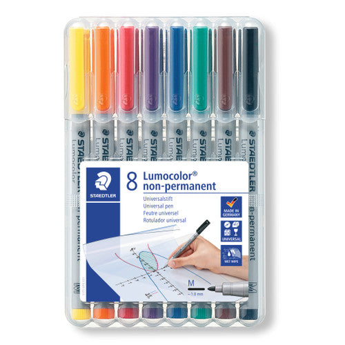 Staedtler Lumocolor 315 WP8 non-permanent medium marker wallet of 8 assorted showing comprehensive 8-colour wipe-clean set for OHP and multi-surface marking