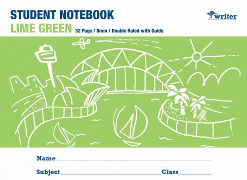 Writer Student Notebook 32 Page Double Ruled Guide 8mm Lime Green Pack 20