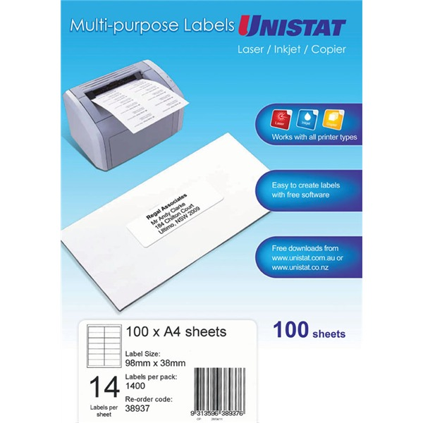 Unistat 38937 Copier Laser Label 98 x 38mm Box 100 Sheets