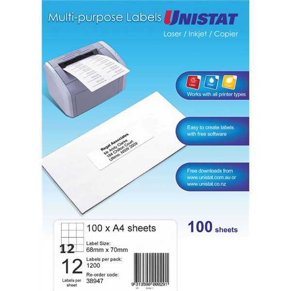 Unistat 38947 Multipurpose Label 68 x 70mm Pack 100
