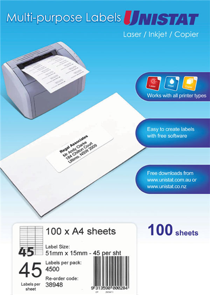 Unistat 38948 Multipurpose Label 51 x 15mm Pack 100