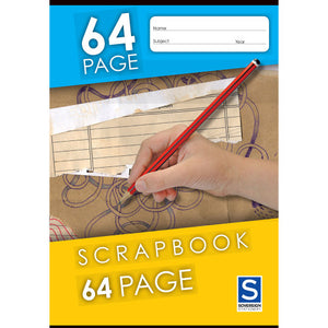 Front cover of the Sovereign Scrapbook, 64 Page: light blue top band, hand holding a red pencil over a photograph of torn brown paper and taped notes, yellow lower band and the Sovereign Stationery logo