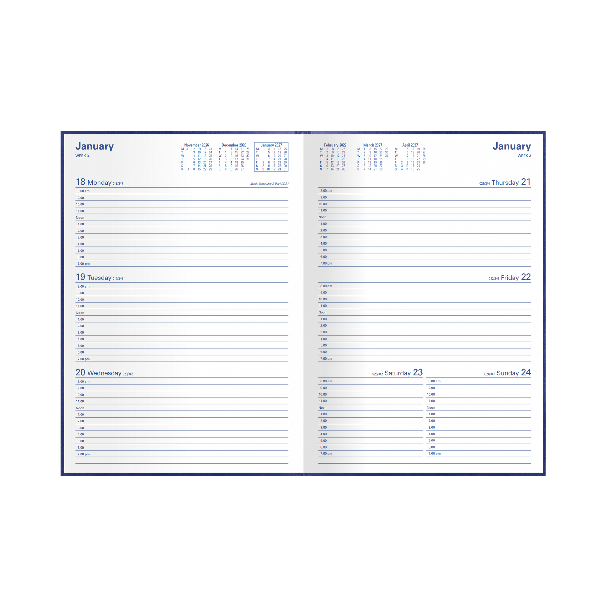 Collins Kingsgrove 2027 A4 week to view diary blue open showing weekly layout